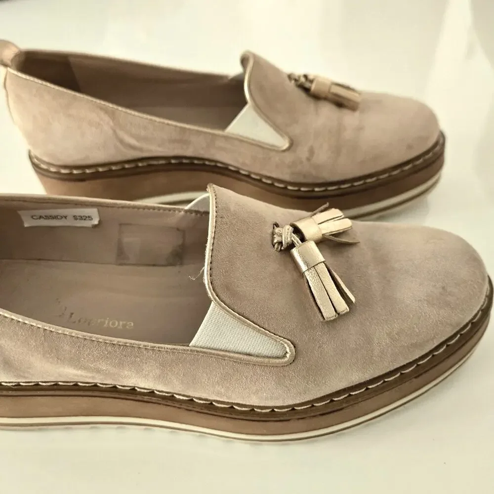 Michele Lopriore Cassidy Tan Suede Platform Loafers Tassel Euro Chic Size 37 7